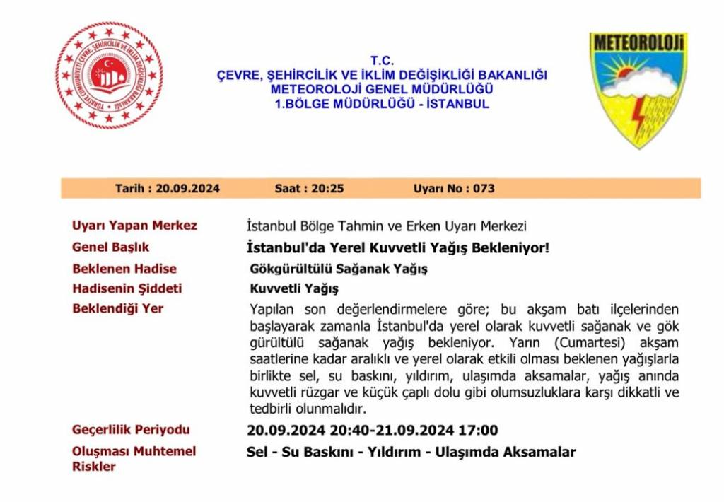 İstanbul'da Kuvvetli Yağış Uyarısı